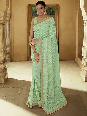 Georgette Designer Chikankari Saree With Jaal Pattern And Thread, Dori, Gota Embroidery