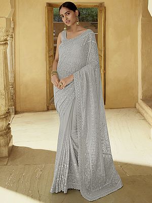 Georgette Bail Butta Pattern Saree With All-Over Thread, Mirror, Sequins Embroidery And Scalloped Border