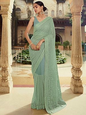 Soft Net Jaal Sequin Pattern Saree With Heavy Thread & Moti Work