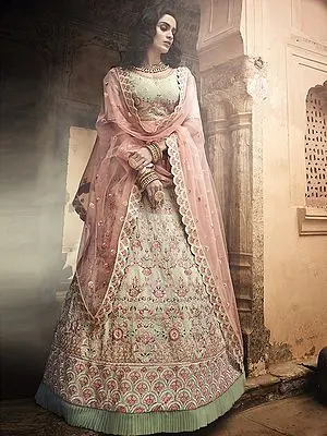Pista-Green Georgette Frill Lehenga Choli with All Over Swarovski Work and Scalloped Dupatta