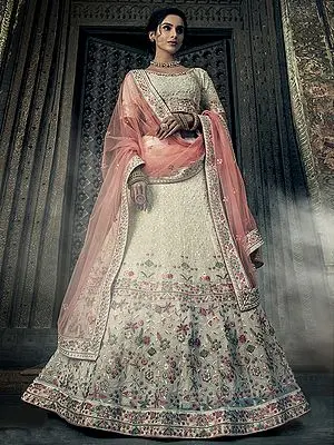 Ivory-Cream Georgette Lehenga Choli with All Over Colourful Thread Embroidery Peach Sheer Dupatta