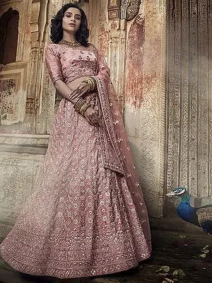 Salmon-Pink Satin Lehenga Choli Set With Thread Embroidered and Zarken Work
