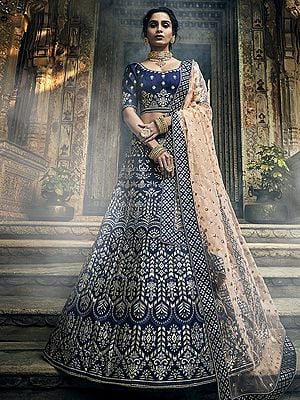 Royal-Blue Velvet Lehenga Choli With All Over Zari Gota Thread Embroidery And Soft Net Dupatta