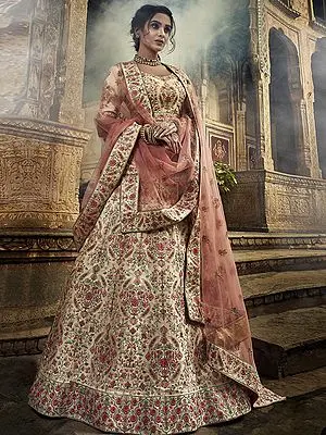 Beige Art Silk Lehenga Choli with All Over Cutdana Work and Designer Dupatta