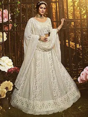 Off-White Georgette Lehenga Choli Embellished Thread Work and Soft Net Dupatta