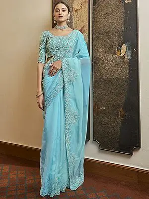 Paisley-Floral Motif Organza Saree with Sequins, Resham and Cut Work