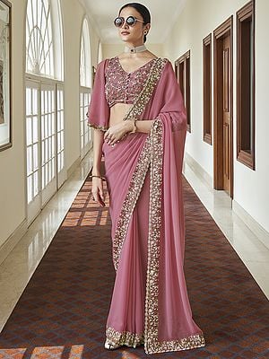 Pink Georgette Saree With Resham, Beads Work And Floral Bail Scalloped Border