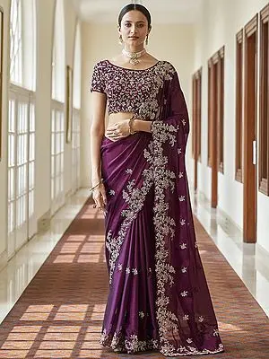Purple Crepe Bail Butta Design Saree with Beautiful Dori, Resham, Cut Work