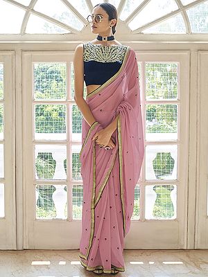 Peach Georgette Bundi Motif Saree With Zari-Beads Embroidery And Lace Work On Border
