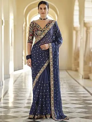 Navy-Blue Organza Bundi Sequins Motif Saree with Zari, Thread Work and Heavy Meena Butta Embroidered Border