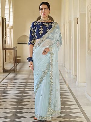 Mint-Blue Organza Saree With Tafetta Silk Blouse And Beautiful Kali Motif Dori-Sequins Work