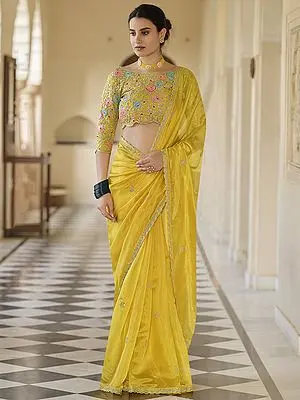 Yellow Organza Saree with Panchphool Meena Butta on Blouse with Thread, Dori, Sequins Work
