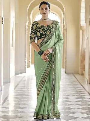 Plain Organza Saree with Embellished Dori-Sequins Work on Border