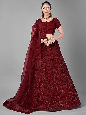 Red Soft Net Lehenga Choli With Dori, Zarkan, Thread Work On Mughal Motif Pattern