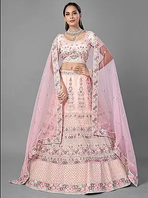 Pink Soft Net Lehenga Choli with Dori, Zarkan, Thread Work Kali Motif