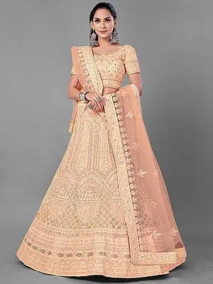 Peach Soft Net Lehenga Choli with Dori, Zarkan, Zari Work and Anthemion Embroidery