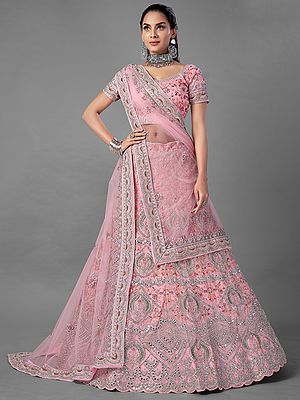 Pink Soft Net Lehenga Choli with Floral-Necklace Design Dori, Thread, Zari, Zarkan Work