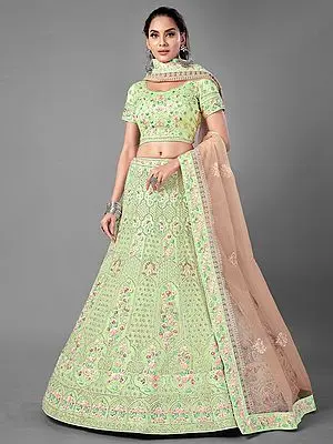 Pista Soft Net Lehenga Choli with Dori, Zarkan, Thread Work, and Mughal Meena Floral Motif