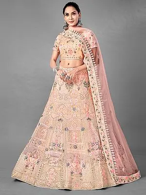 Peach Soft Net Lehenga Choli with Embellished Thread, Dori, Zarkan Work