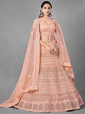 Peach Soft Net Lehenga Choli with Dori, Zarkan, Zari Embellished Mughal Motif