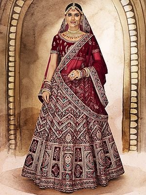 Maroon Velvet Bridal Lehenga Choli All Over Embellished Thread Work and Soft Net Dupatta