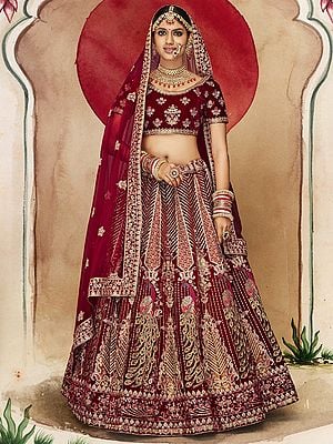 Oxblood-Red Velvet Bridal Lehenga Choli with Zari Floral Motif and Embroidery Dupatta
