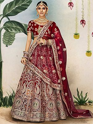 Rosewood Velvet Bridal Lehenga Choli Set with Beautiful Peacock Design Embroidery