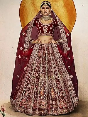 Ruby Wine Velvet Lehenga Choli with Mughal Motif Stone Dori Work and Designer Dupatta