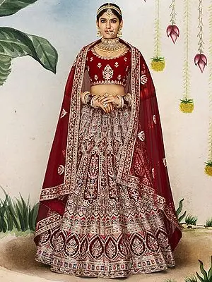 Raisin-Red Velvet Lehenga Choli with All Over Cut Dana Work and Designer Dupatta