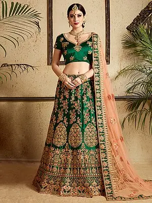 Amazon-Green Satin Lehenga Choli with Dori, Sequins work Zari Floral Motif, and Embroidered Dupatta