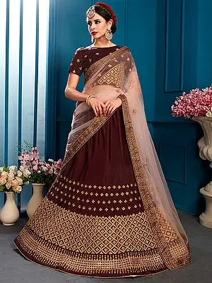 Chocolate-Brown Satin Lehenga Choli with Zari Floral Motif and Embroidered Dupatta