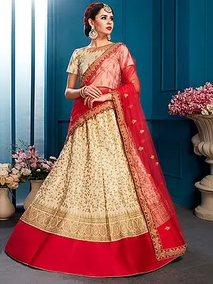 Beige and Red Satin Designer Lehenga Choli with Over Zari embroidery and Soft Net Dupatta