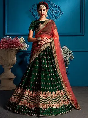 Bottle-Green Satin Lehenga Choli with Zari floral motif and Red Sheer Dupatta