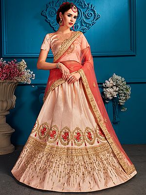 Coral-pink Satin Lehenga Choli with Beautiful Rose Flower Embroidery on The Bottom and Designer Dupatta