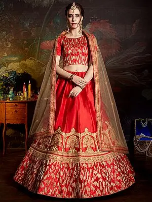 Bright-red Satin Lehenga Choli with Banyan Tree Embroidery on the Bottom and Soft Net Dupatta