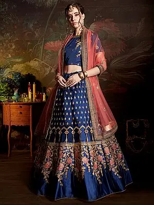 Royal-Blue Satin Lehenga Choli With Zari floral motif and Red Sheer Dupatta