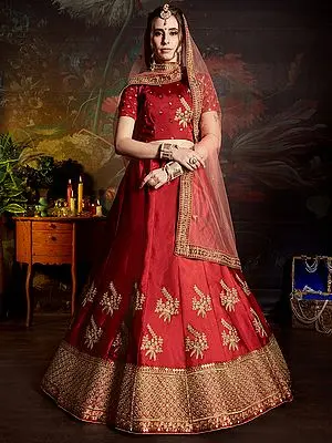 Rococco-Red Satin Lehenga Choli Set with Heavy Zari Border and All Over Zarkan Work