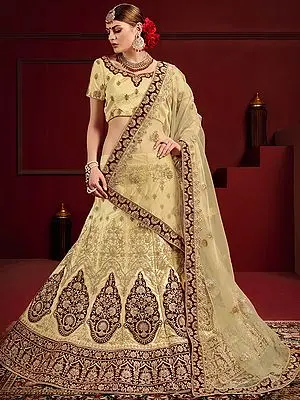 Beige-Maroon Satin Bridal Lehenga Choli with All Over Zari Sequin Work and Soft Net Dupatta