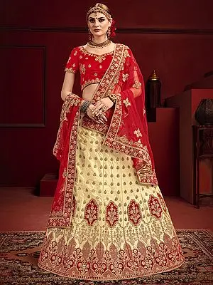Golden-Red Satin Bridal Lehenga Choli Set with Heavy Zari Border and All Over Zarkan Work