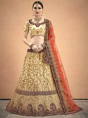 Golden Satin Bridal Lehenga Choli with Over Heavy Dori Embroidery with Stonework and Net Dupatta