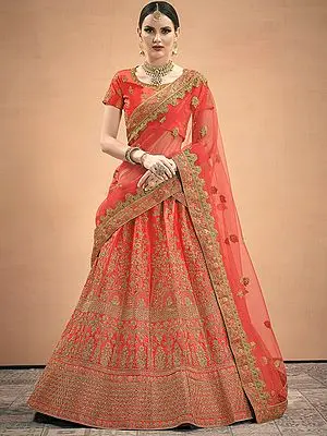 Red-Orange Satin Bridal Lehenga Choli With Mughal Motif Stone-Dori Work and Designer Dupatta