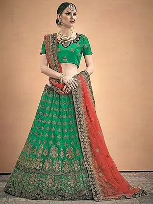 Forest-green satin Lehenga Choli with Zari floral motif and Orange Sheer Dupatta