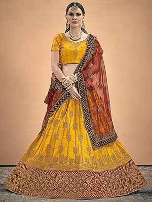 After-Glow Satin Bridal Lehenga Choli Set with Heavy Zari Border and All Over Zarkan Work