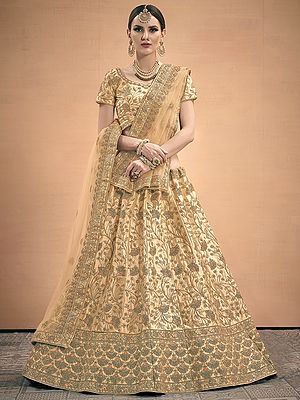Golden-Yellow Satin Lehenga Choli With All Over Zari embroidery and Red Net Dupatta