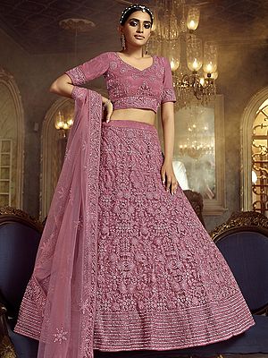 Lavender-Pink Soft Net Lehenga Choli with Embellished Thread Work and Net Dupatta