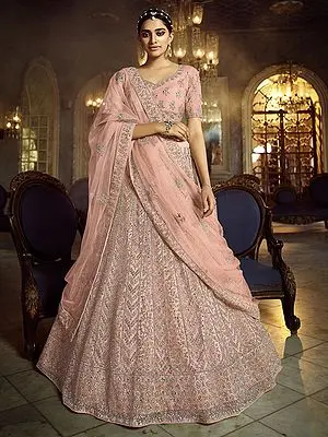 Peach-Pink Soft Net Lehenga Choli with All over Polki work and Designer Dupatta