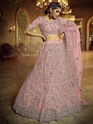 Rose-Pink Soft Net Lehenga Choli with All Over Polki Work and Designer Dupatta