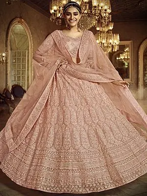 Coral-Pink Soft Net Lehenga Choli With Thread Embroidered Zarkan Work and Soft Net Dupatta