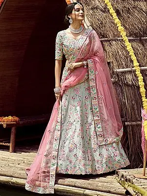 Satin Lehenga Choli with Multicolor Floral Bail Swarovski, Resham Work and Soft Net Dupatta