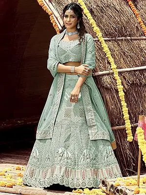 Velvet Embellished Lehenga Choli with Bird Motif Zari, Dori, Zarkan Work and Soft Net Dupatta
